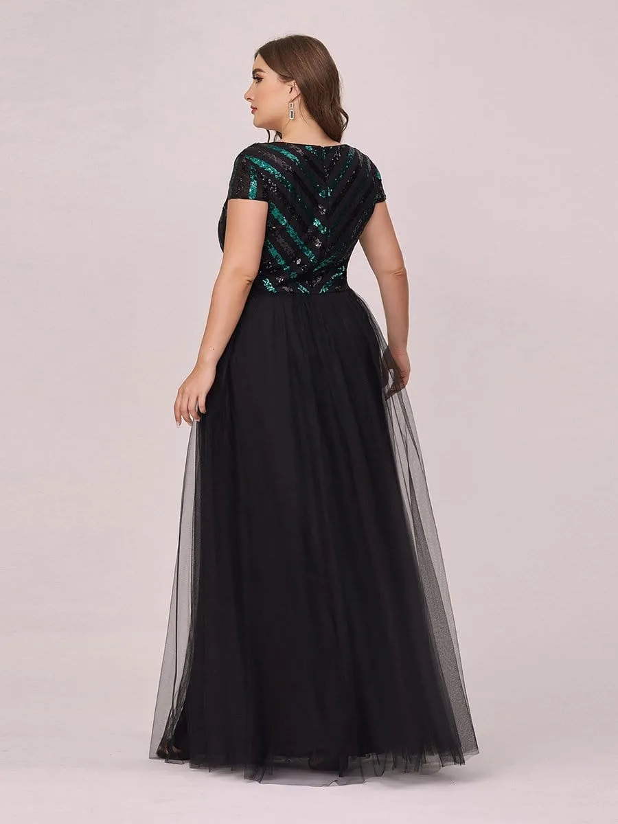 Stylish V Neck Maxi Plus Size Tulle Evening Dress with Sequin