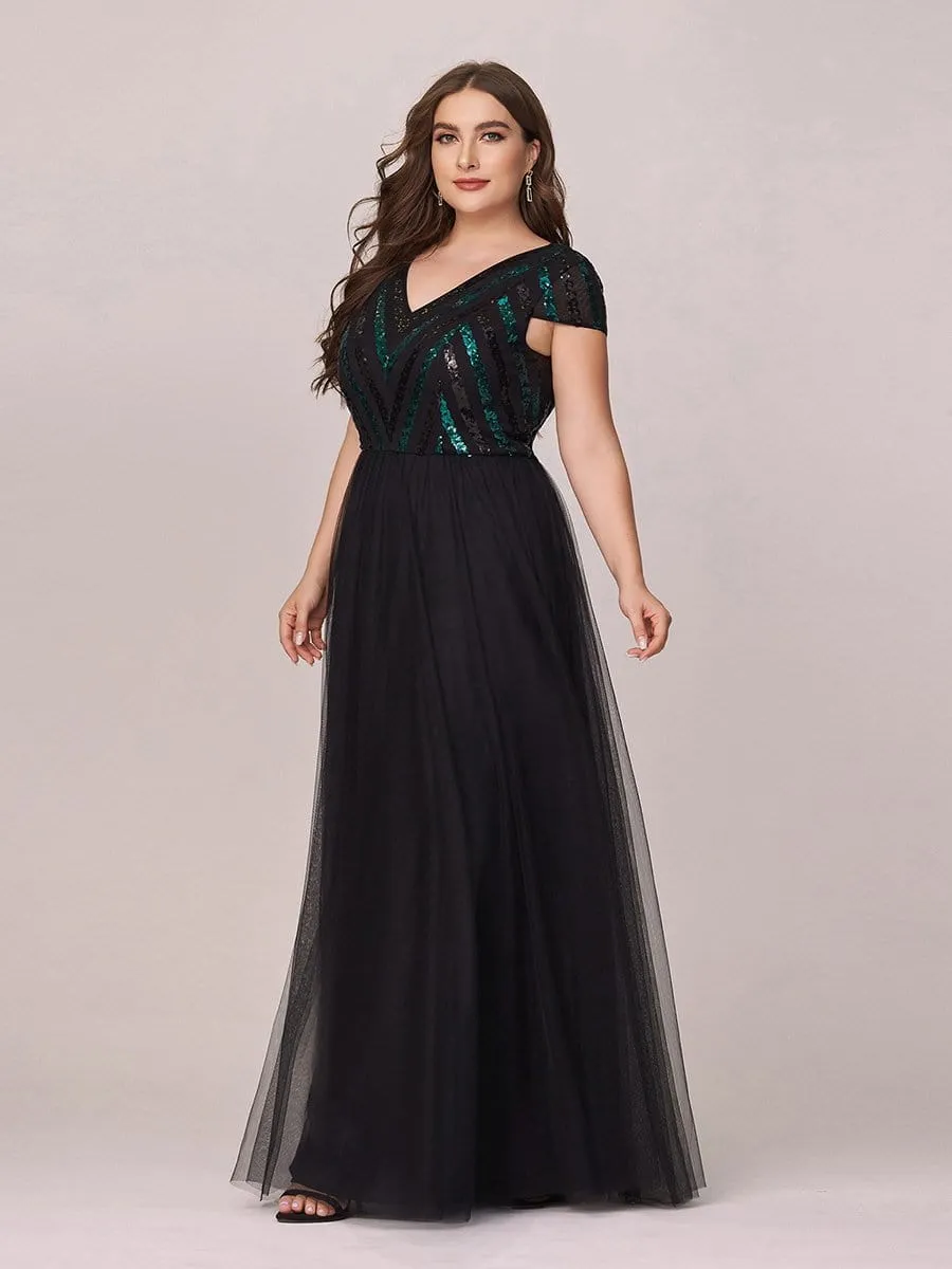 Stylish V Neck Maxi Plus Size Tulle Evening Dress with Sequin