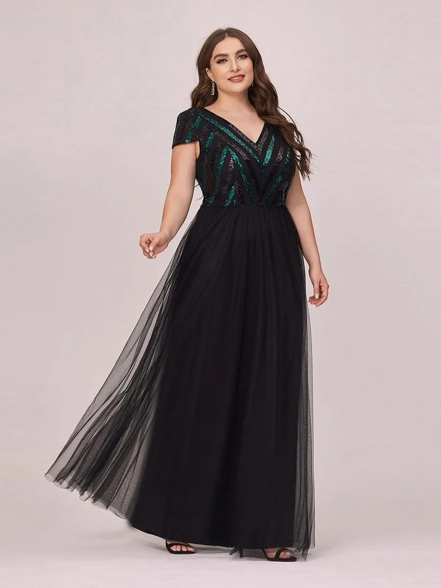 Stylish V Neck Maxi Plus Size Tulle Evening Dress with Sequin