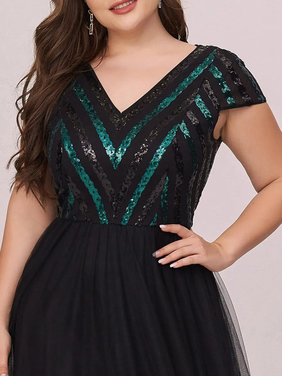 Stylish V Neck Maxi Plus Size Tulle Evening Dress with Sequin