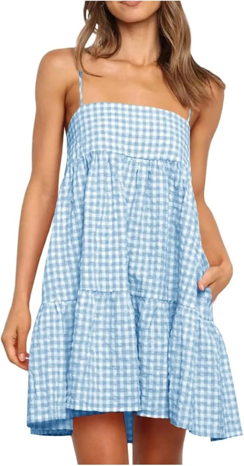 Summer Dresses for Women 2025 Casual Spaghetti Strap Ruffle Mini Dress Vacation Beach A Line Sundresses with Pockets