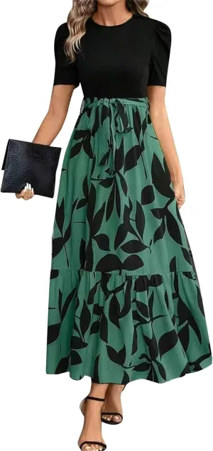 Summer Dresses for Women 2025 Maxi Dress Ruffle Short Sleeve Casual Floral Print Long Flowy Dresses with Pockets