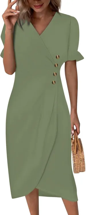 Summer Dresses for Women 2025 Trendy Boho Dress Elegant Beach V Neck Short Sleeve Irregular Hem Midi Sundresses