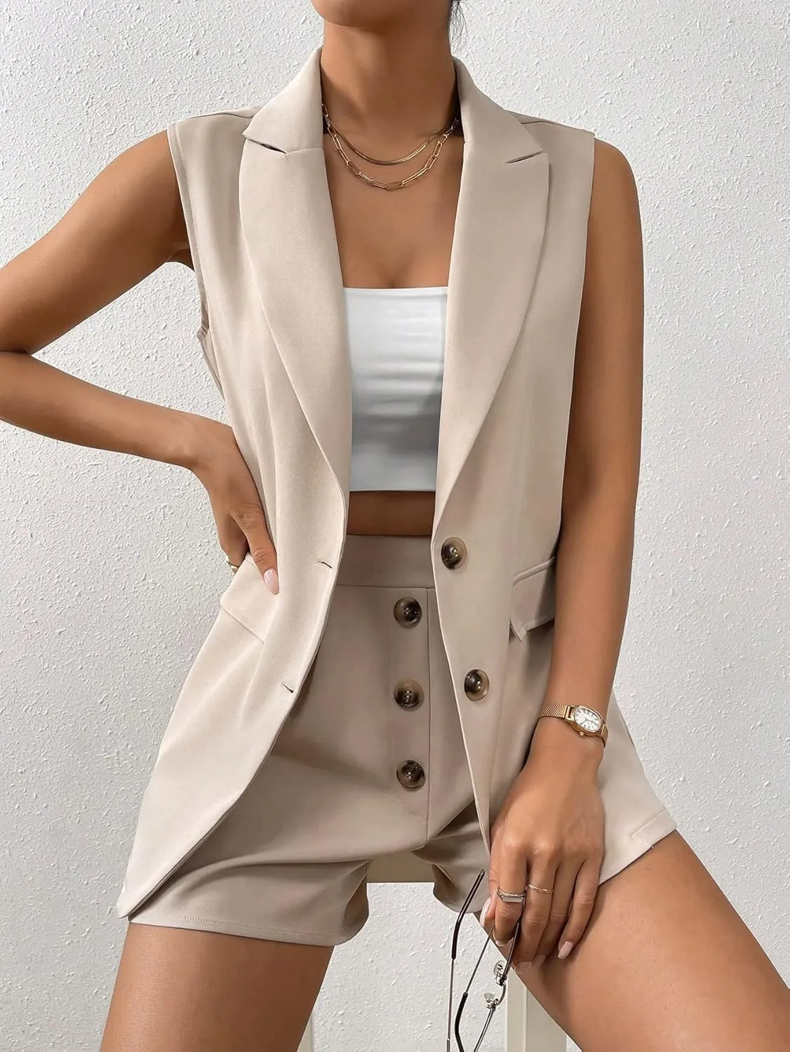 SweatyRocks Women's Elegant 2 Piece Outfits Button Down Lapel Blazer Vest with Shorts