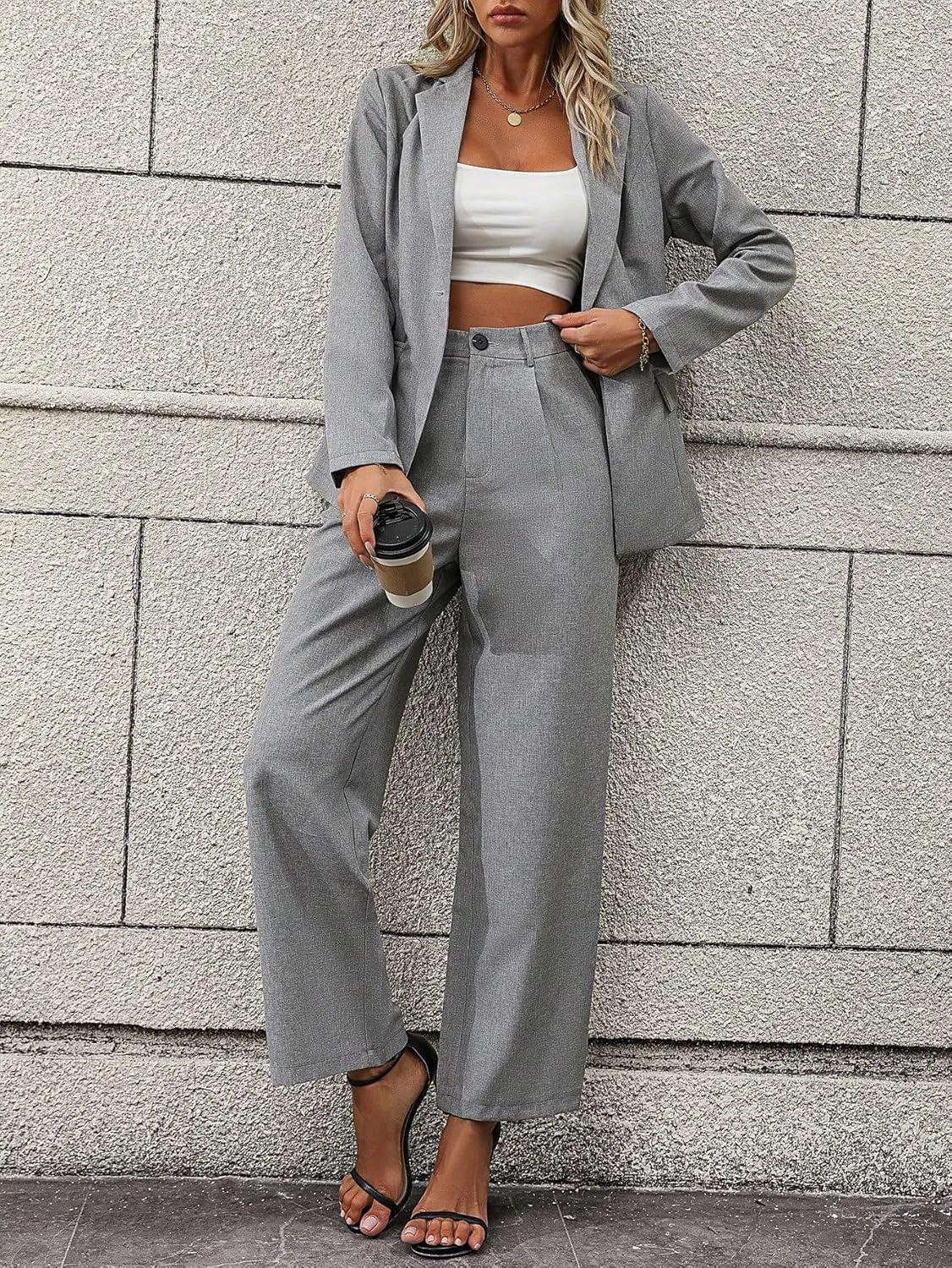 SweatyRocksWomen's 2 Piece Outfits Elegant Open Front Long Sleeve Blazer and Pants Workwear Sets