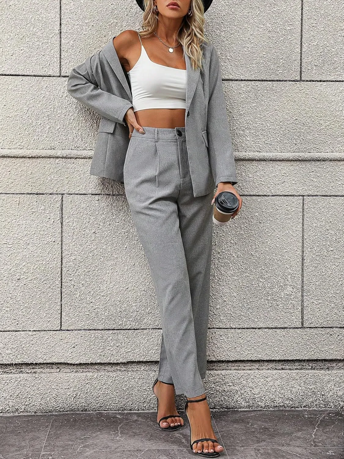 SweatyRocksWomen's 2 Piece Outfits Elegant Open Front Long Sleeve Blazer and Pants Workwear Sets