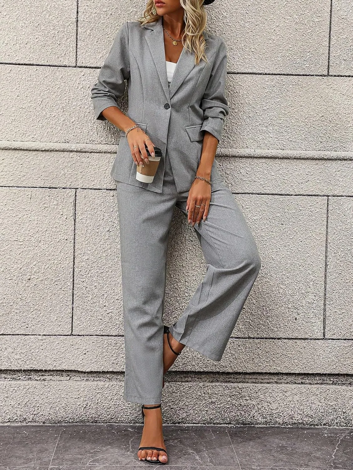 SweatyRocksWomen's 2 Piece Outfits Elegant Open Front Long Sleeve Blazer and Pants Workwear Sets