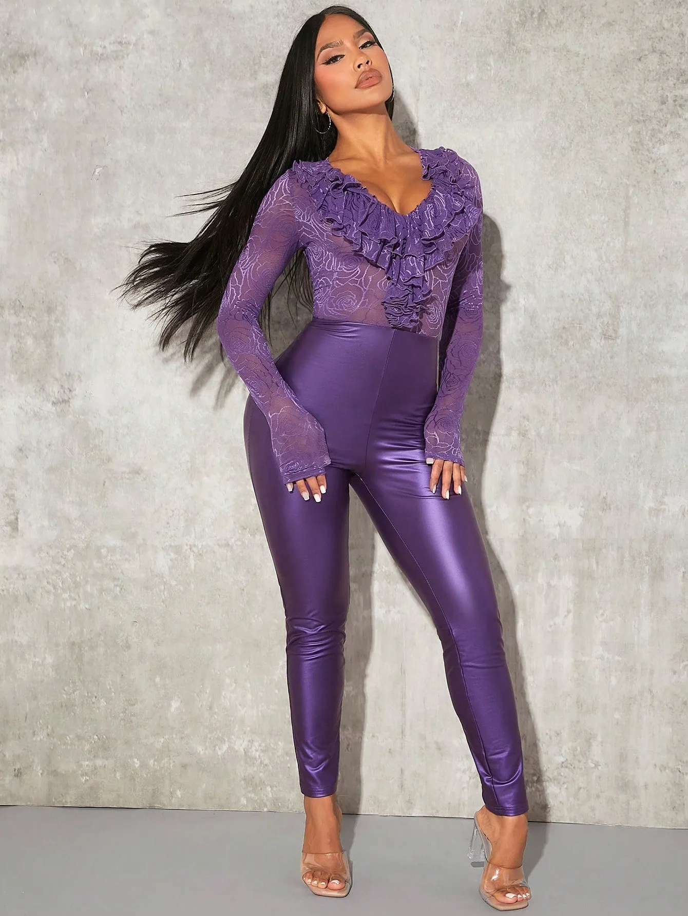 SXY Ruffle Trim Lace Bodice PU Leather Jumpsuit