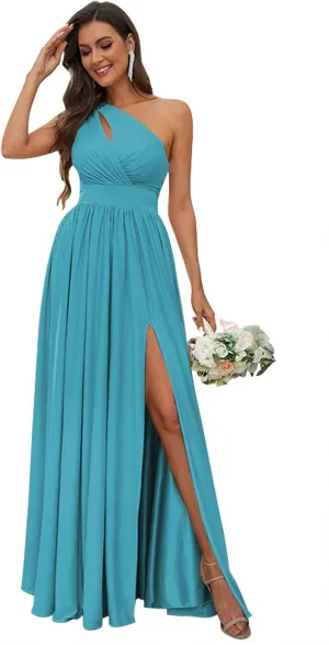 SYYS Stretchy One Shoulder Bridesmaid Dresses for Women 2025 Long Spandex Formal Dresses with Slit SYYS356