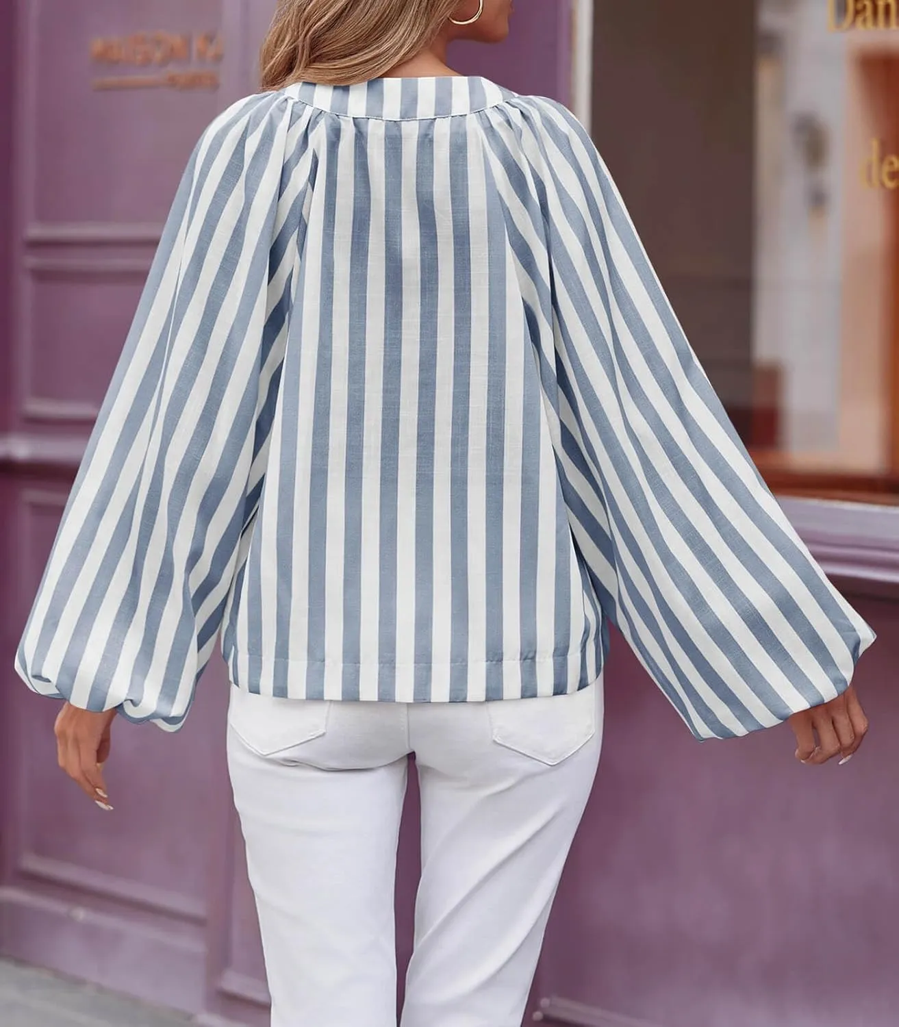 Tankaneo Womens Long Lantern Sleeve Blouses Loose Fit Striped Shirts Casual Lace Up V Neck Tops