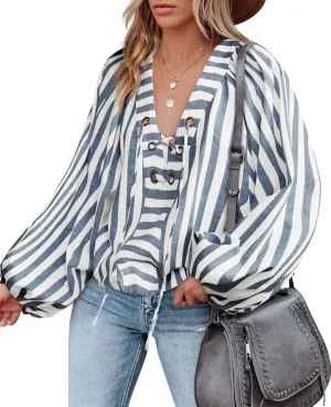 Tankaneo Womens Long Lantern Sleeve Blouses Loose Fit Striped Shirts Casual Lace Up V Neck Tops
