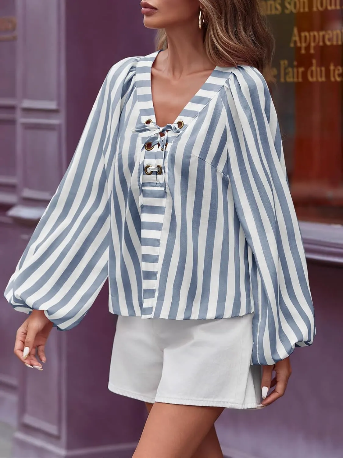 Tankaneo Womens Long Lantern Sleeve Blouses Loose Fit Striped Shirts Casual Lace Up V Neck Tops