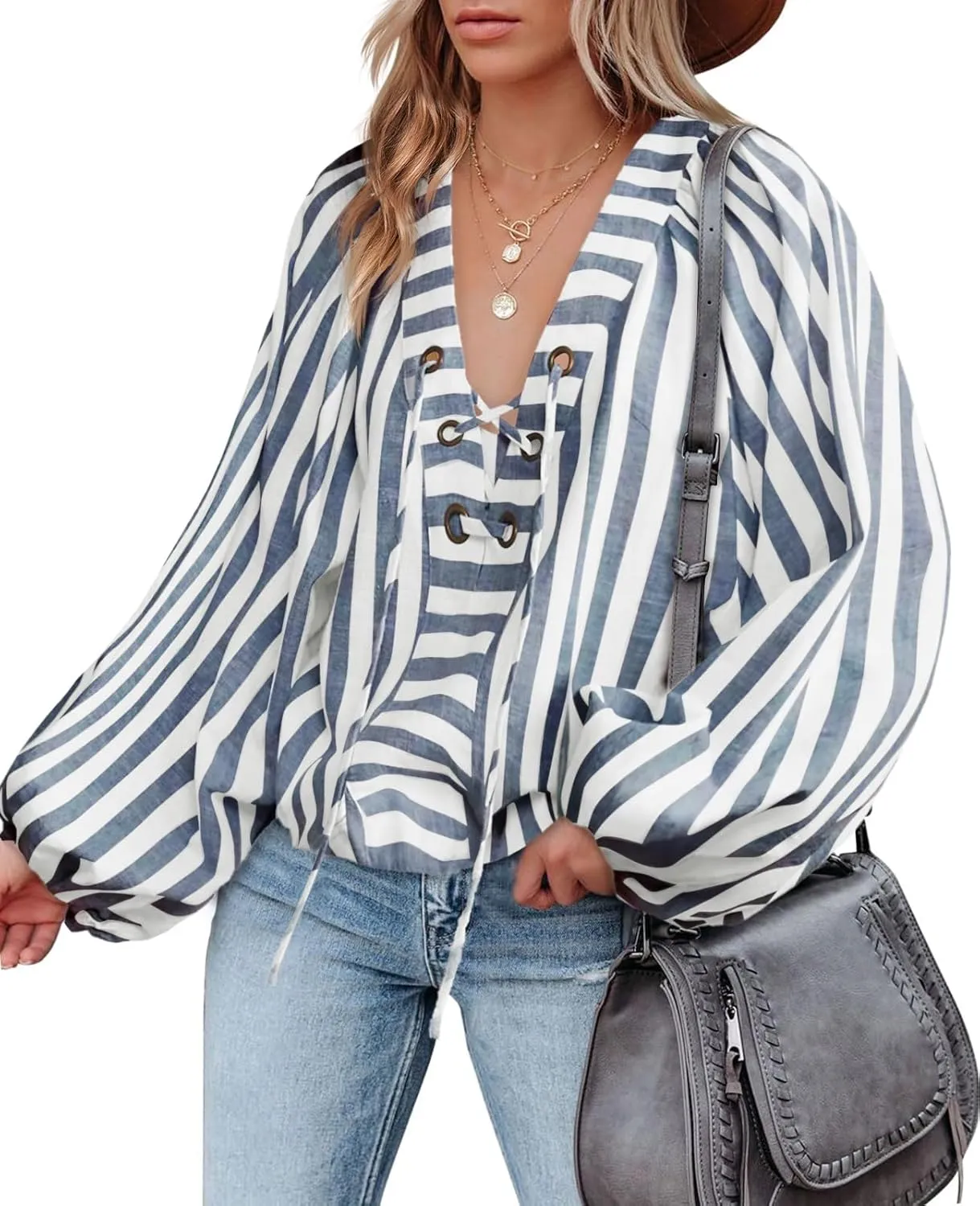 Tankaneo Womens Long Lantern Sleeve Blouses Loose Fit Striped Shirts Casual Lace Up V Neck Tops