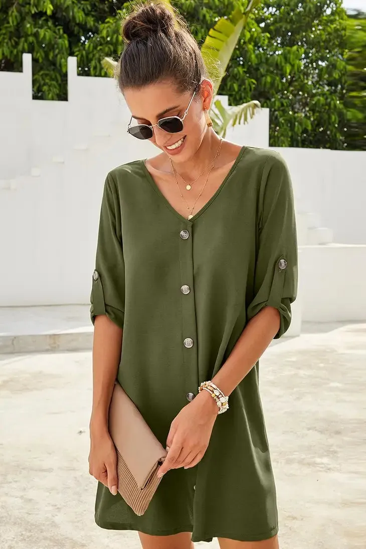 Treschic Buttoned V-Neck Dress Style T3236S
