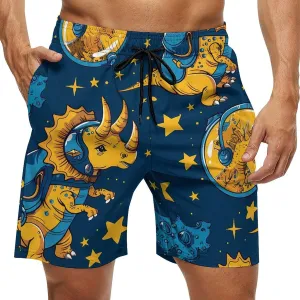 Triceratopss Dinos in Space Dinosaur Men's Swim Trunks Quick Dry Board Shorts Breathable Summer Beach Shorts Bathing Suits