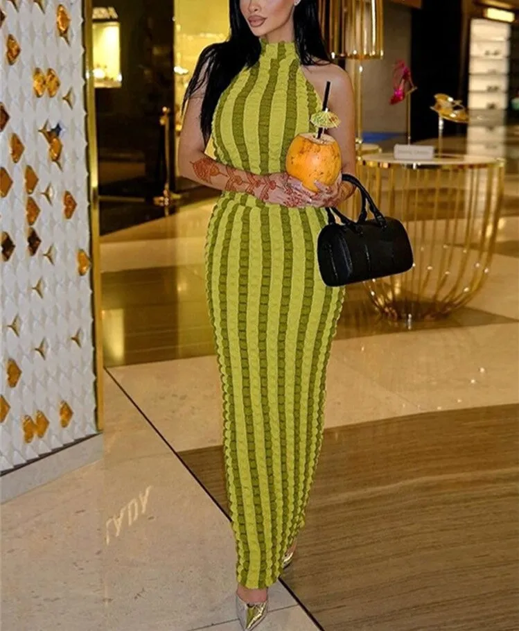 Uneven Stripe Print Maxi Dress Women Elegant Halter Sleeveless Skinny Backless Summer Bodycon Streetwear Fashion Vestidos