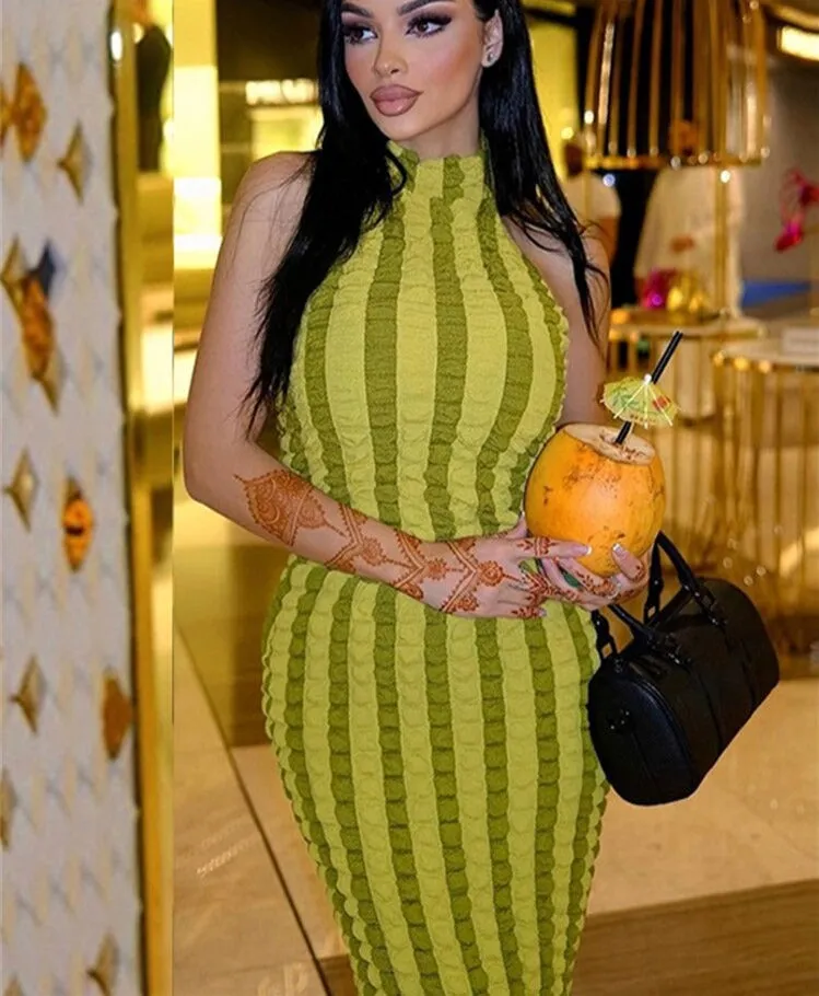 Uneven Stripe Print Maxi Dress Women Elegant Halter Sleeveless Skinny Backless Summer Bodycon Streetwear Fashion Vestidos