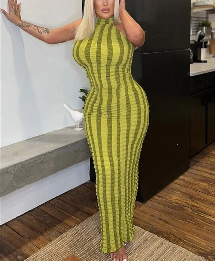 Uneven Stripe Print Maxi Dress Women Elegant Halter Sleeveless Skinny Backless Summer Bodycon Streetwear Fashion Vestidos