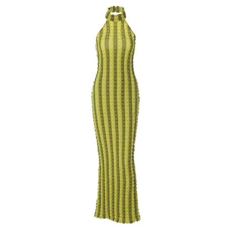 Uneven Stripe Print Maxi Dress Women Elegant Halter Sleeveless Skinny Backless Summer Bodycon Streetwear Fashion Vestidos