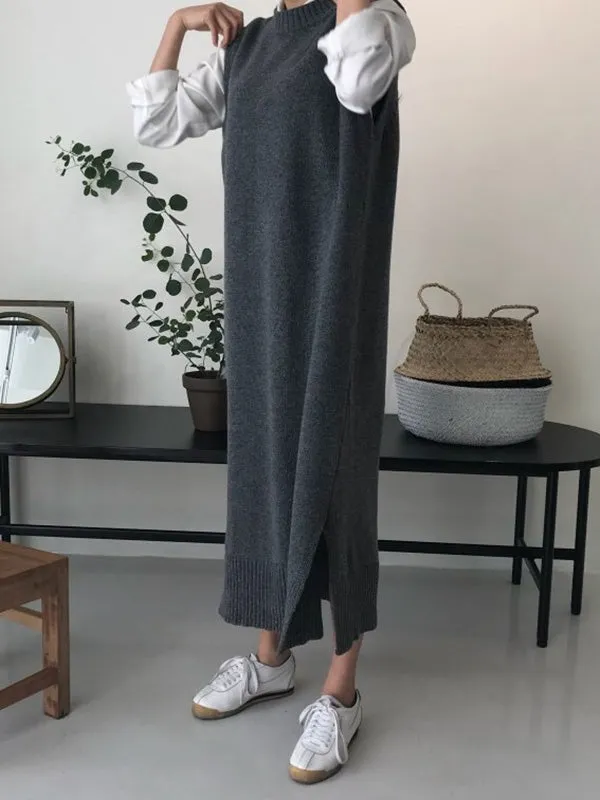 Urban Loose Sleeveless Solid Color Classic Round-Neck Midi Dresses Sweater Dresses