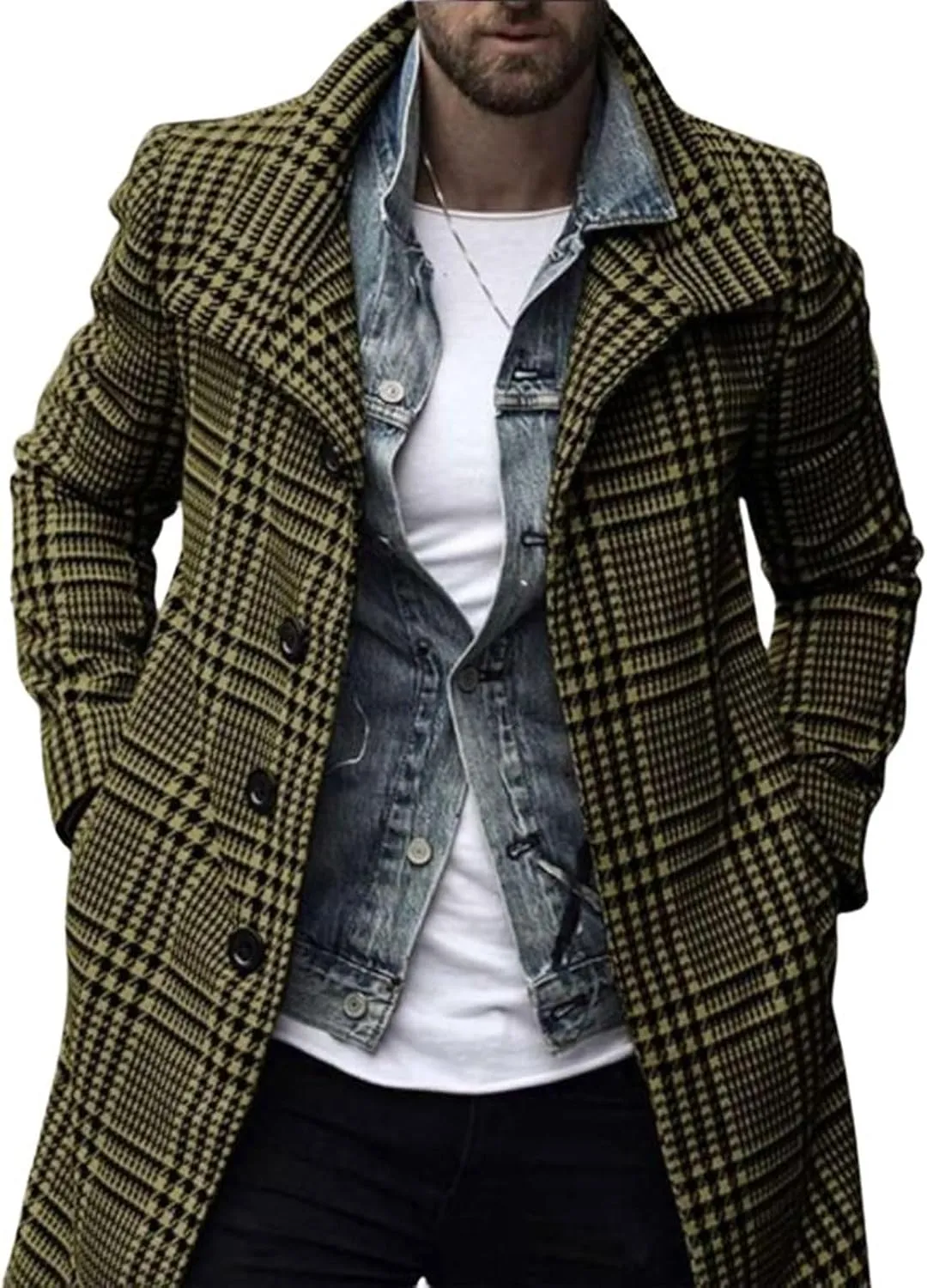 utcoco Men's Plaid Trench Coat Lapel Single Breasted Peacoat 2024 Fall Winter Overcoat With Pockets