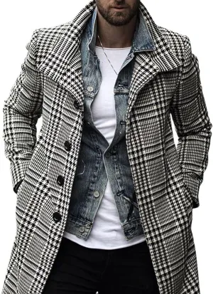 utcoco Men's Plaid Trench Coat Lapel Single Breasted Peacoat 2024 Fall Winter Overcoat With Pockets