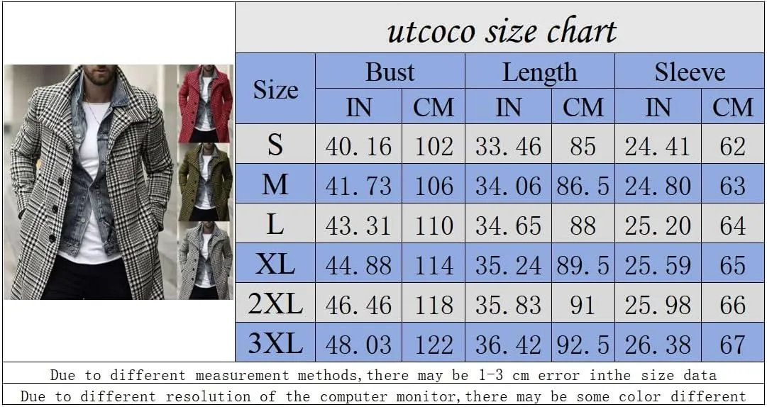 utcoco Men's Plaid Trench Coat Lapel Single Breasted Peacoat 2024 Fall Winter Overcoat With Pockets