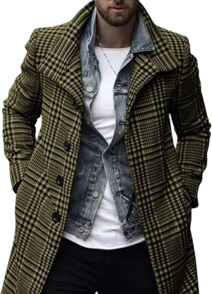 utcoco Men's Plaid Trench Coat Lapel Single Breasted Peacoat 2024 Fall Winter Overcoat With Pockets