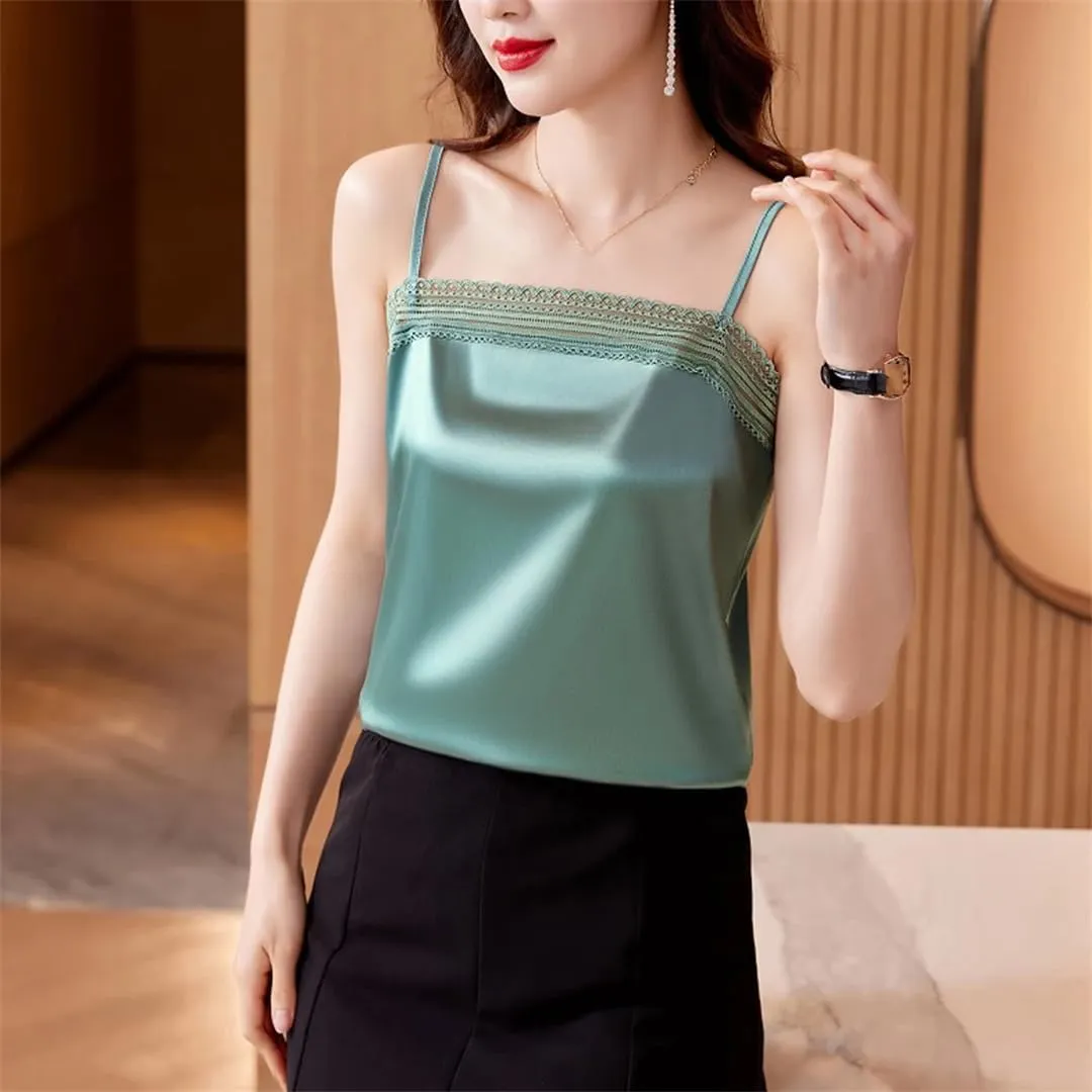 V-Neck Sexy Lace Sleeveless Suspended Tank Top Women Elegant Backless Casual Satin Camisole Vest Basic Clothing
