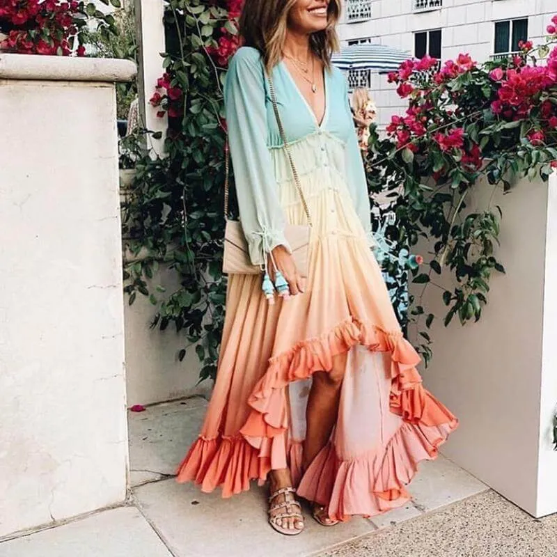 Vacation Long Sleeve Print V Neck Maxi Dress