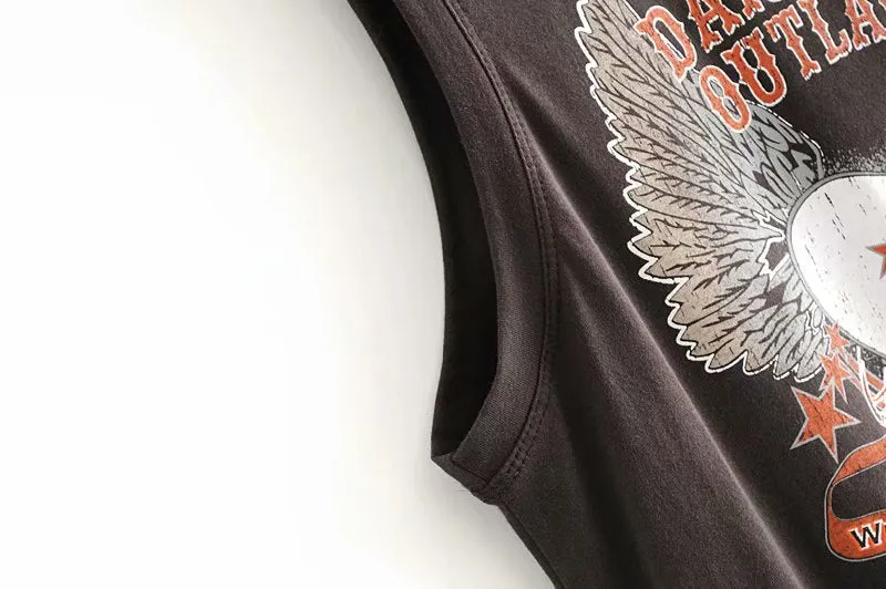 Vintage chic fashion women sleeveless cartoon print tanks loose Camo tank tops collar vest short version camis female festival