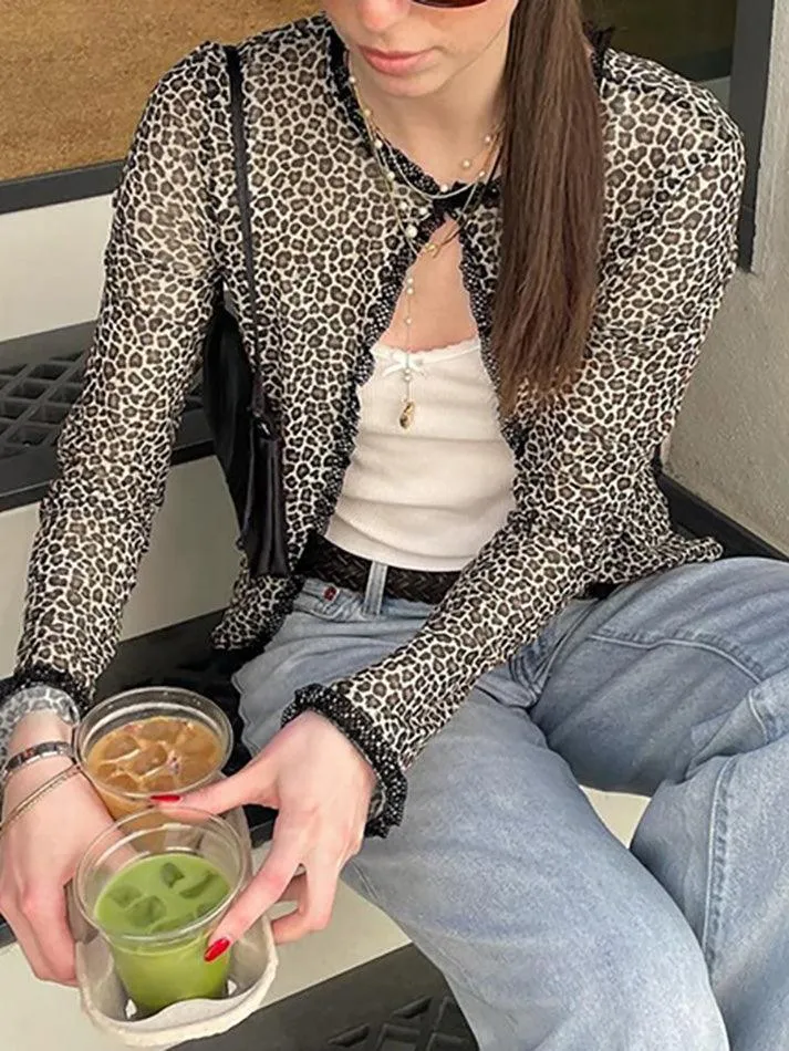 Wenkouban-Spring Casual Outfits Y2K Outfits Leopard Lace Long Sleeve Cardigan