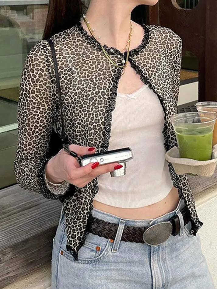 Wenkouban-Spring Casual Outfits Y2K Outfits Leopard Lace Long Sleeve Cardigan