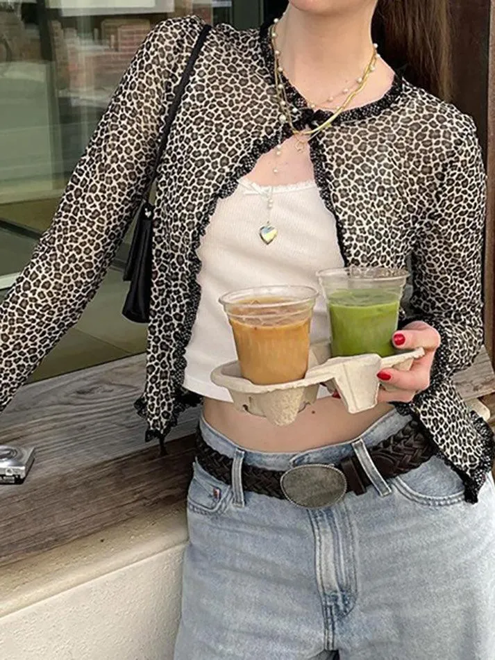 Wenkouban-Spring Casual Outfits Y2K Outfits Leopard Lace Long Sleeve Cardigan