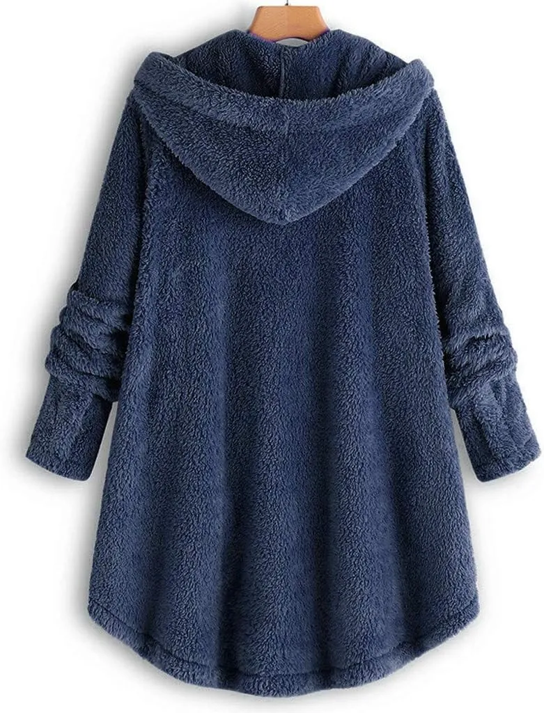 Winter Jackets for Women Fleece Button Jacket with Pockets Oversized Long Sherpa Hoodie Fuzzy Jacket Warm Teddy Coat