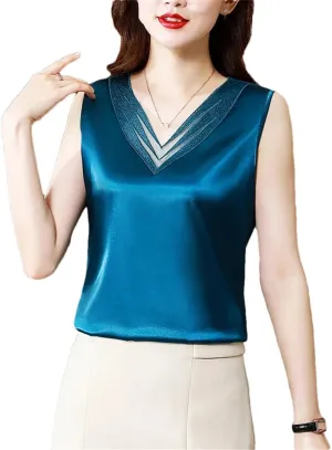 Woman Elegant Silk Satin T-Shirts Summer Camisole Casual Loose Camis Solid Tops for Women