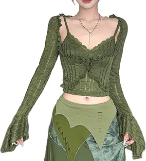Woman French-Style Lace Camisole Knit Two-Piece Set Vintage V-Neck Crop Top,Flared Bell Sleeves Retro T-Shirt