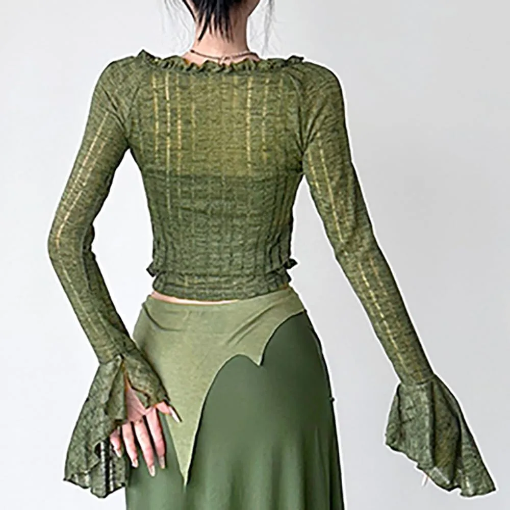 Woman French-Style Lace Camisole Knit Two-Piece Set Vintage V-Neck Crop Top,Flared Bell Sleeves Retro T-Shirt