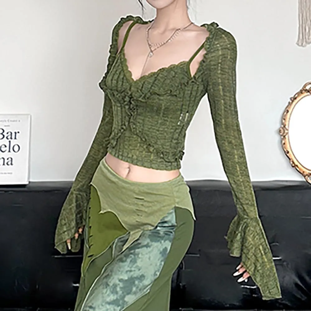 Woman French-Style Lace Camisole Knit Two-Piece Set Vintage V-Neck Crop Top,Flared Bell Sleeves Retro T-Shirt