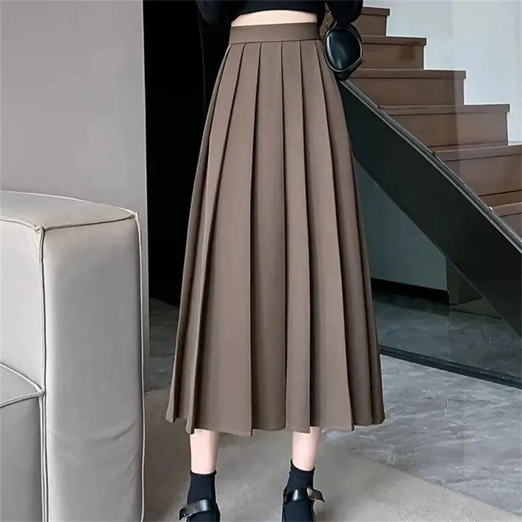 Women Black Vintage High Waist Pleated Skirt. Women Style Midi Long Skirt. Casual Female A-Line Skirts.