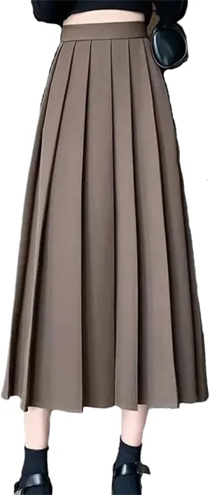Women Black Vintage High Waist Pleated Skirt. Women Style Midi Long Skirt. Casual Female A-Line Skirts.