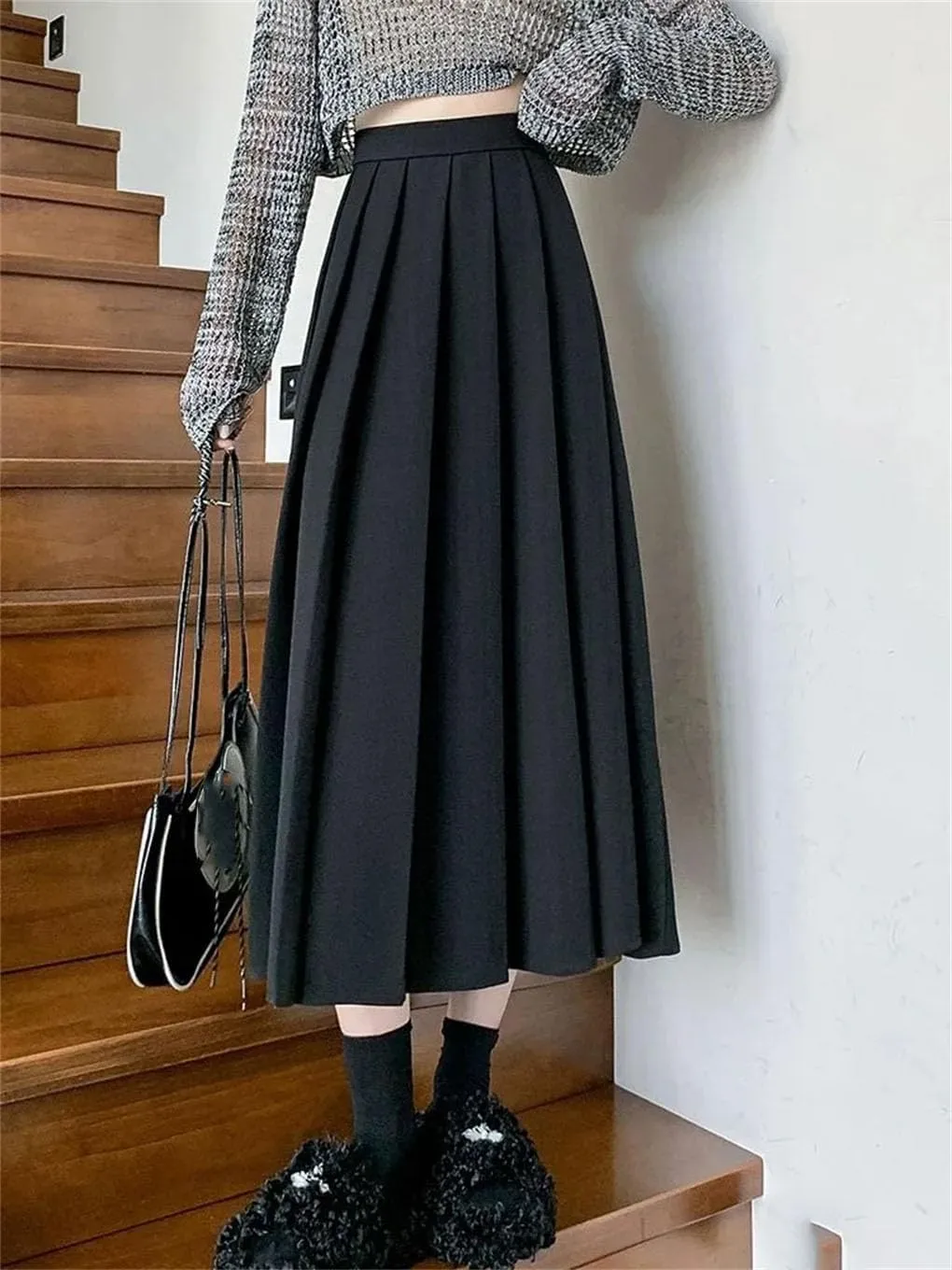 Women Black Vintage High Waist Pleated Skirt. Women Style Midi Long Skirt. Casual Female A-Line Skirts.
