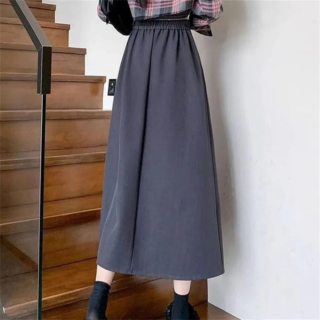 Women Black Vintage High Waist Pleated Skirt. Women Style Midi Long Skirt. Casual Female A-Line Skirts.