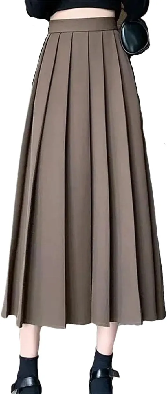 Women Black Vintage High Waist Pleated Skirt. Women Style Midi Long Skirt. Casual Female A-Line Skirts.