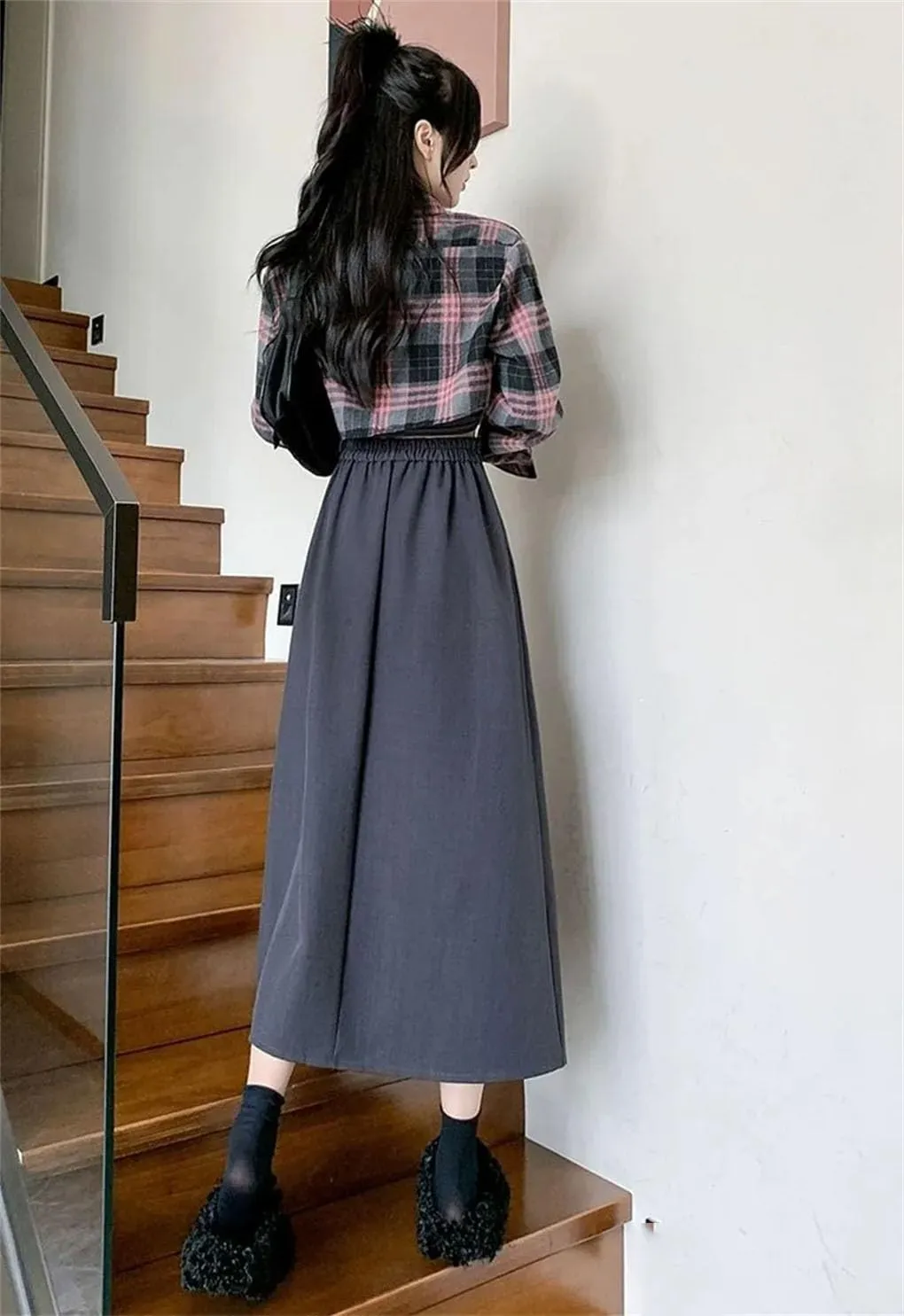 Women Black Vintage High Waist Pleated Skirt. Women Style Midi Long Skirt. Casual Female A-Line Skirts.