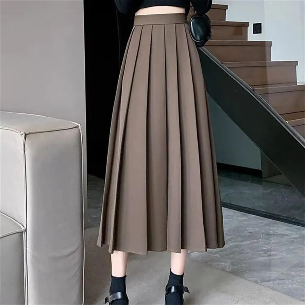 Women Black Vintage High Waist Pleated Skirt. Women Style Midi Long Skirt. Casual Female A-Line Skirts.