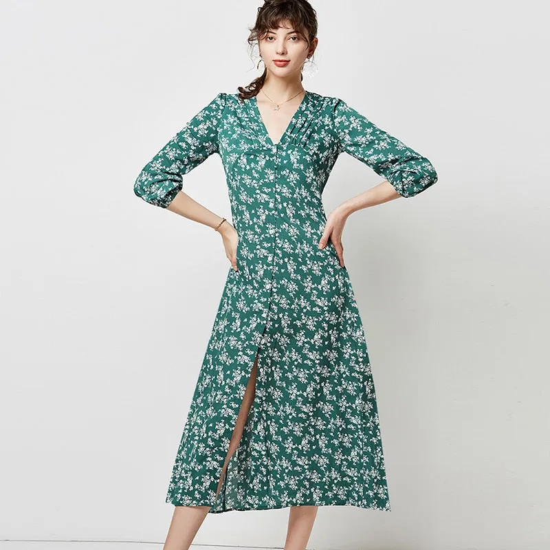 Women Elegant V Neck Long Shirt Dress Autumn