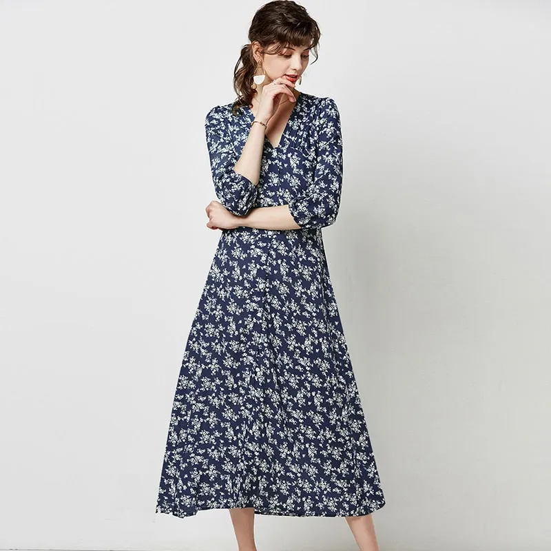 Women Elegant V Neck Long Shirt Dress Autumn