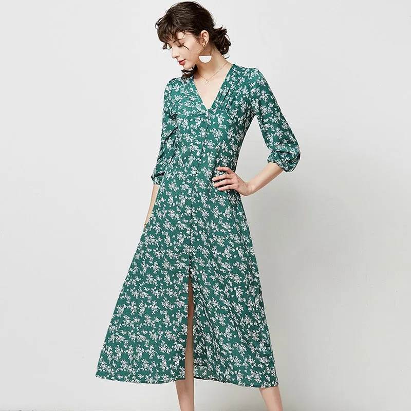 Women Elegant V Neck Long Shirt Dress Autumn