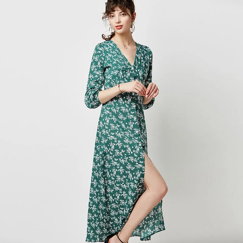 Women Elegant V Neck Long Shirt Dress Autumn